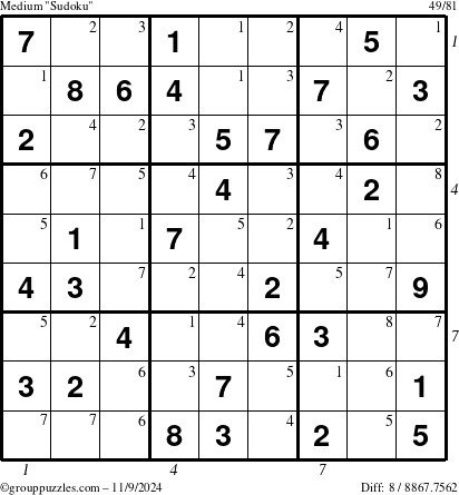 The grouppuzzles.com Medium Sudoku puzzle for Saturday November 9, 2024 with all 8 steps marked