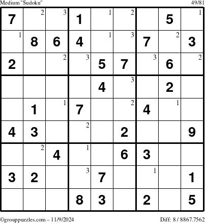 The grouppuzzles.com Medium Sudoku puzzle for Saturday November 9, 2024 with the first 3 steps marked