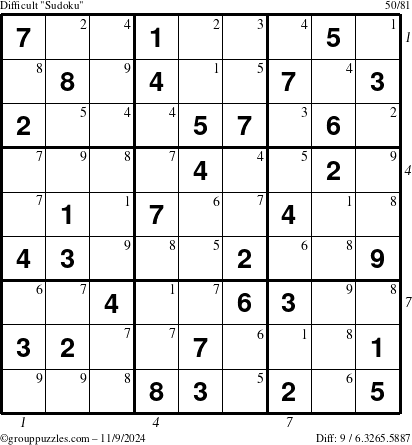 The grouppuzzles.com Difficult Sudoku puzzle for Saturday November 9, 2024 with all 9 steps marked