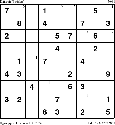 The grouppuzzles.com Difficult Sudoku puzzle for Saturday November 9, 2024 with the first 3 steps marked