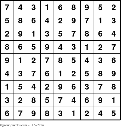 The grouppuzzles.com Answer grid for the Sudoku puzzle for Saturday November 9, 2024