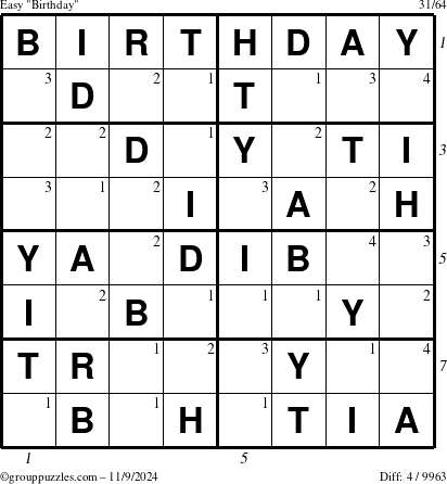 The grouppuzzles.com Easy Birthday puzzle for Saturday November 9, 2024 with all 4 steps marked