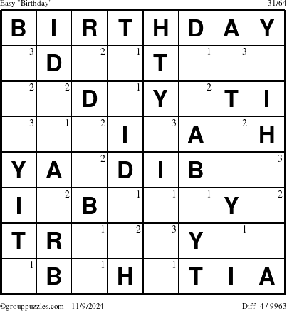 The grouppuzzles.com Easy Birthday puzzle for Saturday November 9, 2024 with the first 3 steps marked