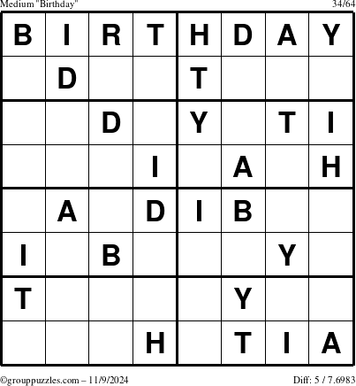 The grouppuzzles.com Medium Birthday puzzle for Saturday November 9, 2024