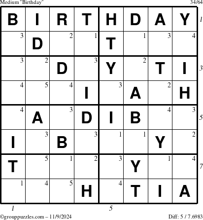 The grouppuzzles.com Medium Birthday puzzle for Saturday November 9, 2024 with all 5 steps marked