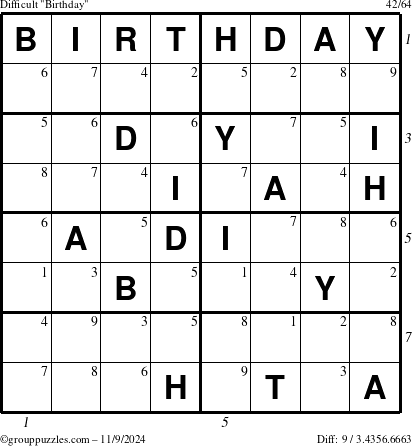 The grouppuzzles.com Difficult Birthday puzzle for Saturday November 9, 2024 with all 9 steps marked