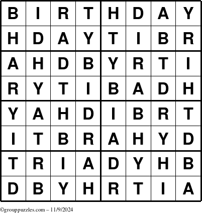 The grouppuzzles.com Answer grid for the Birthday puzzle for Saturday November 9, 2024