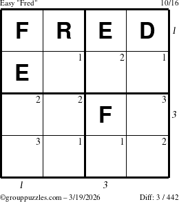 The grouppuzzles.com Easy Fred puzzle for Thursday March 19, 2026 with all 3 steps marked