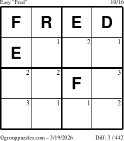 The grouppuzzles.com Easy Fred puzzle for Thursday March 19, 2026 with the first 3 steps marked