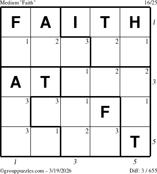 The grouppuzzles.com Medium Faith puzzle for Thursday March 19, 2026, suitable for printing, with all 3 steps marked