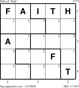 The grouppuzzles.com Difficult Faith puzzle for Thursday March 19, 2026 with all 4 steps marked
