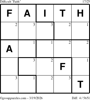 The grouppuzzles.com Difficult Faith puzzle for Thursday March 19, 2026 with the first 3 steps marked