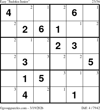 The grouppuzzles.com Easy Sudoku-Junior puzzle for Thursday March 19, 2026 with the first 3 steps marked