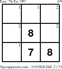 The grouppuzzles.com Easy TicTac-789 puzzle for Thursday March 19, 2026 with the first 2 steps marked