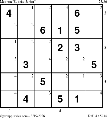 The grouppuzzles.com Medium Sudoku-Junior puzzle for Thursday March 19, 2026, suitable for printing, with all 4 steps marked