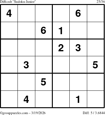 The grouppuzzles.com Difficult Sudoku-Junior puzzle for Thursday March 19, 2026