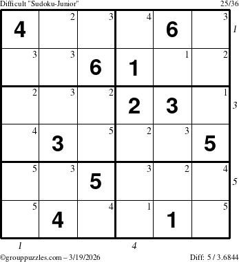 The grouppuzzles.com Difficult Sudoku-Junior puzzle for Thursday March 19, 2026 with all 5 steps marked
