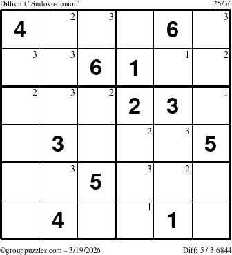 The grouppuzzles.com Difficult Sudoku-Junior puzzle for Thursday March 19, 2026 with the first 3 steps marked
