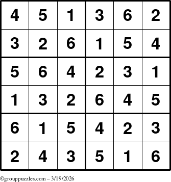 The grouppuzzles.com Answer grid for the Sudoku-Junior puzzle for Thursday March 19, 2026