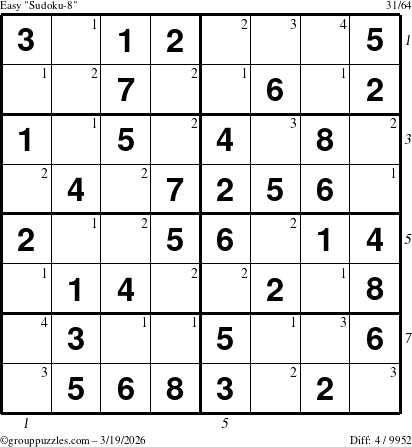 The grouppuzzles.com Easy Sudoku-8 puzzle for Thursday March 19, 2026, suitable for printing, with all 4 steps marked