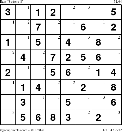The grouppuzzles.com Easy Sudoku-8 puzzle for Thursday March 19, 2026 with the first 3 steps marked