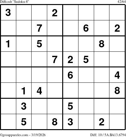 The grouppuzzles.com Difficult Sudoku-8 puzzle for Thursday March 19, 2026