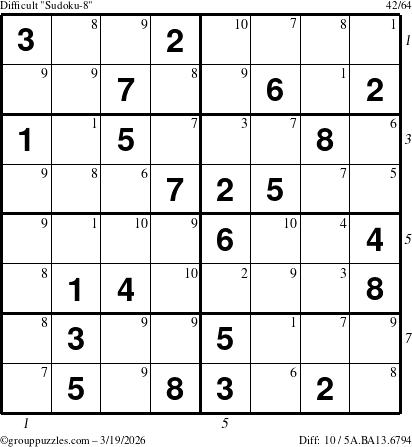 The grouppuzzles.com Difficult Sudoku-8 puzzle for Thursday March 19, 2026 with all 10 steps marked