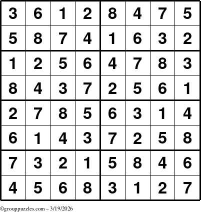 The grouppuzzles.com Answer grid for the Sudoku-8 puzzle for Thursday March 19, 2026
