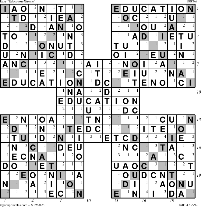 The grouppuzzles.com Easy Education-Xtreme puzzle for Thursday March 19, 2026, suitable for printing, with all 4 steps marked