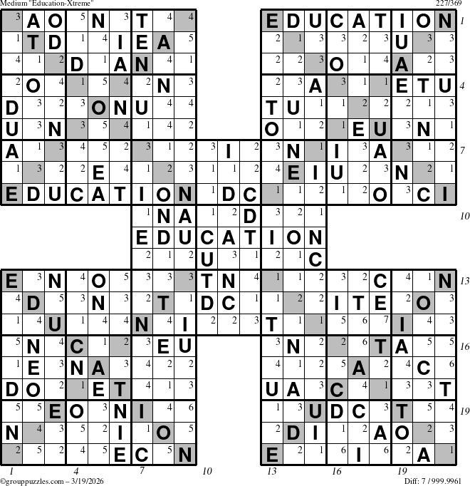 The grouppuzzles.com Medium Education-Xtreme puzzle for Thursday March 19, 2026, suitable for printing, with all 7 steps marked