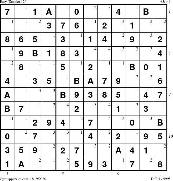 The grouppuzzles.com Easy Sudoku-12 puzzle for Thursday March 19, 2026, suitable for printing, with all 4 steps marked