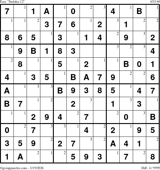The grouppuzzles.com Easy Sudoku-12 puzzle for Thursday March 19, 2026 with the first 3 steps marked