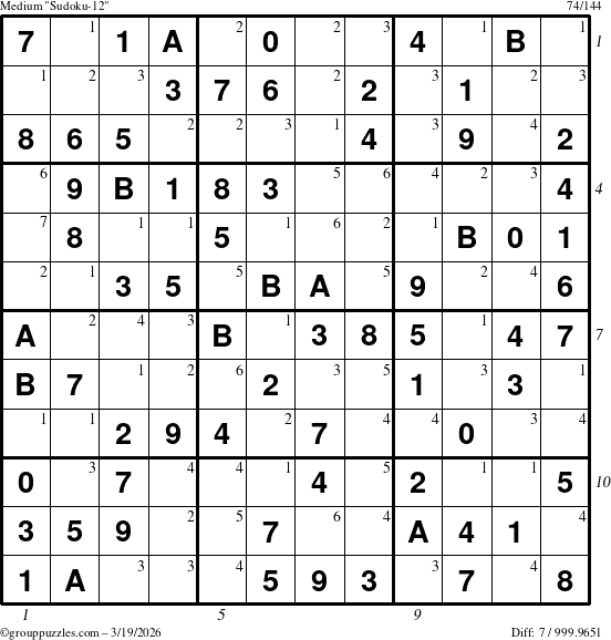 The grouppuzzles.com Medium Sudoku-12 puzzle for Thursday March 19, 2026, suitable for printing, with all 7 steps marked
