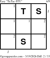 The grouppuzzles.com Easy TicTac-STU puzzle for Thursday March 19, 2026, suitable for printing, with all 2 steps marked
