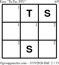 The grouppuzzles.com Easy TicTac-STU puzzle for Thursday March 19, 2026 with the first 2 steps marked