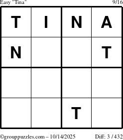 The grouppuzzles.com Easy Tina puzzle for Tuesday October 14, 2025