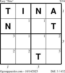 The grouppuzzles.com Easy Tina puzzle for Tuesday October 14, 2025 with all 3 steps marked