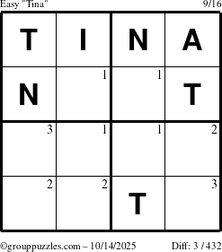 The grouppuzzles.com Easy Tina puzzle for Tuesday October 14, 2025 with the first 3 steps marked
