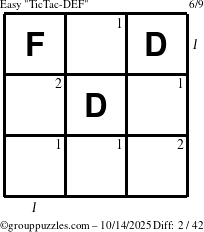 The grouppuzzles.com Easy TicTac-DEF puzzle for Tuesday October 14, 2025 with all 2 steps marked