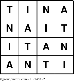 The grouppuzzles.com Answer grid for the Tina puzzle for Tuesday October 14, 2025