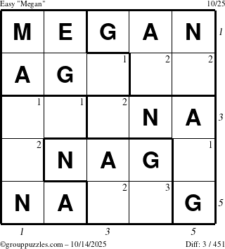 The grouppuzzles.com Easy Megan puzzle for Tuesday October 14, 2025 with all 3 steps marked