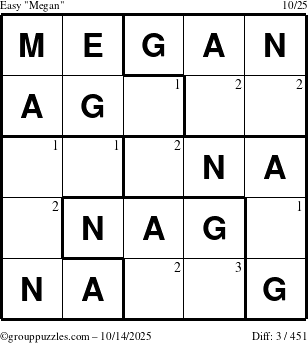 The grouppuzzles.com Easy Megan puzzle for Tuesday October 14, 2025 with the first 3 steps marked