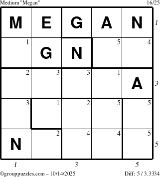 The grouppuzzles.com Medium Megan puzzle for Tuesday October 14, 2025 with all 5 steps marked