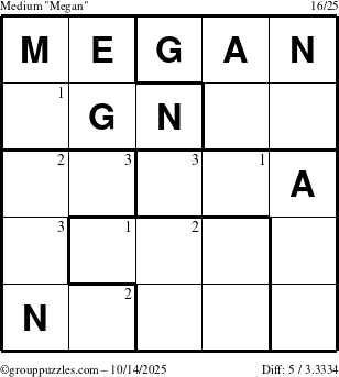 The grouppuzzles.com Medium Megan puzzle for Tuesday October 14, 2025 with the first 3 steps marked