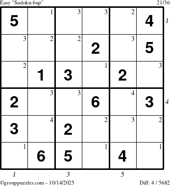 The grouppuzzles.com Easy Sudoku-6up puzzle for Tuesday October 14, 2025 with all 4 steps marked