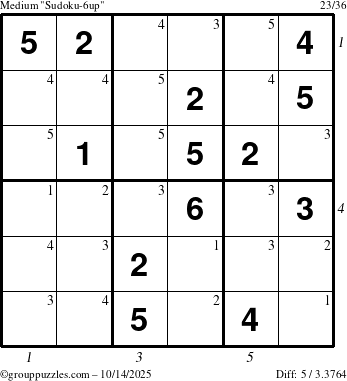The grouppuzzles.com Medium Sudoku-6up puzzle for Tuesday October 14, 2025 with all 5 steps marked