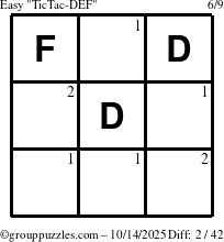 The grouppuzzles.com Easy TicTac-DEF puzzle for Tuesday October 14, 2025 with the first 2 steps marked