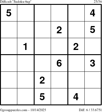 The grouppuzzles.com Difficult Sudoku-6up puzzle for Tuesday October 14, 2025