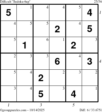 The grouppuzzles.com Difficult Sudoku-6up puzzle for Tuesday October 14, 2025 with all 6 steps marked