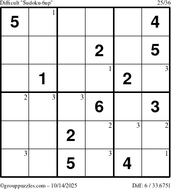 The grouppuzzles.com Difficult Sudoku-6up puzzle for Tuesday October 14, 2025 with the first 3 steps marked